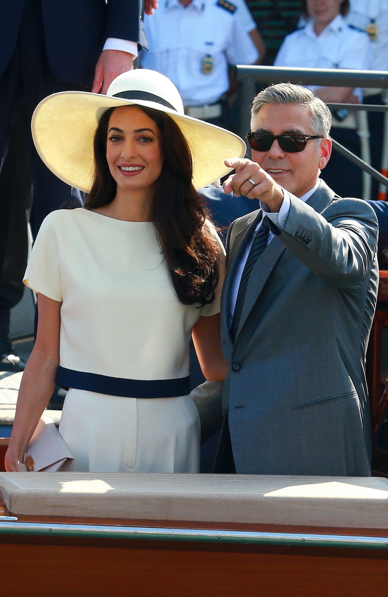 VENICE, ITALY - SEPTEMBER 29: George Clooney and Amal Alamuddin sighting during their civil wedding at Canal Grande on September 29, 2014 in Venice, Italy.