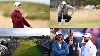 A picture of Rory McIlroy, Scottie Scheffler, the 17th at Royal Liverpool, Tommy Fleetwood and Tyrrell Hatton
