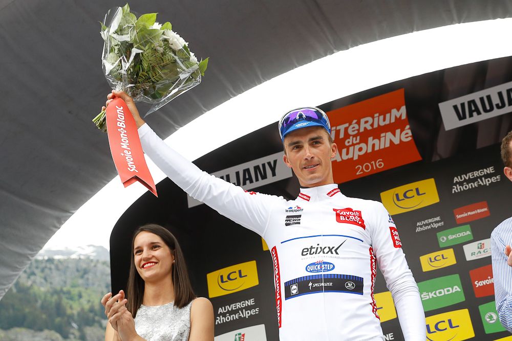 Julian Alaphilippe in white on the stage 5 podium at the Criterium du Dauphine