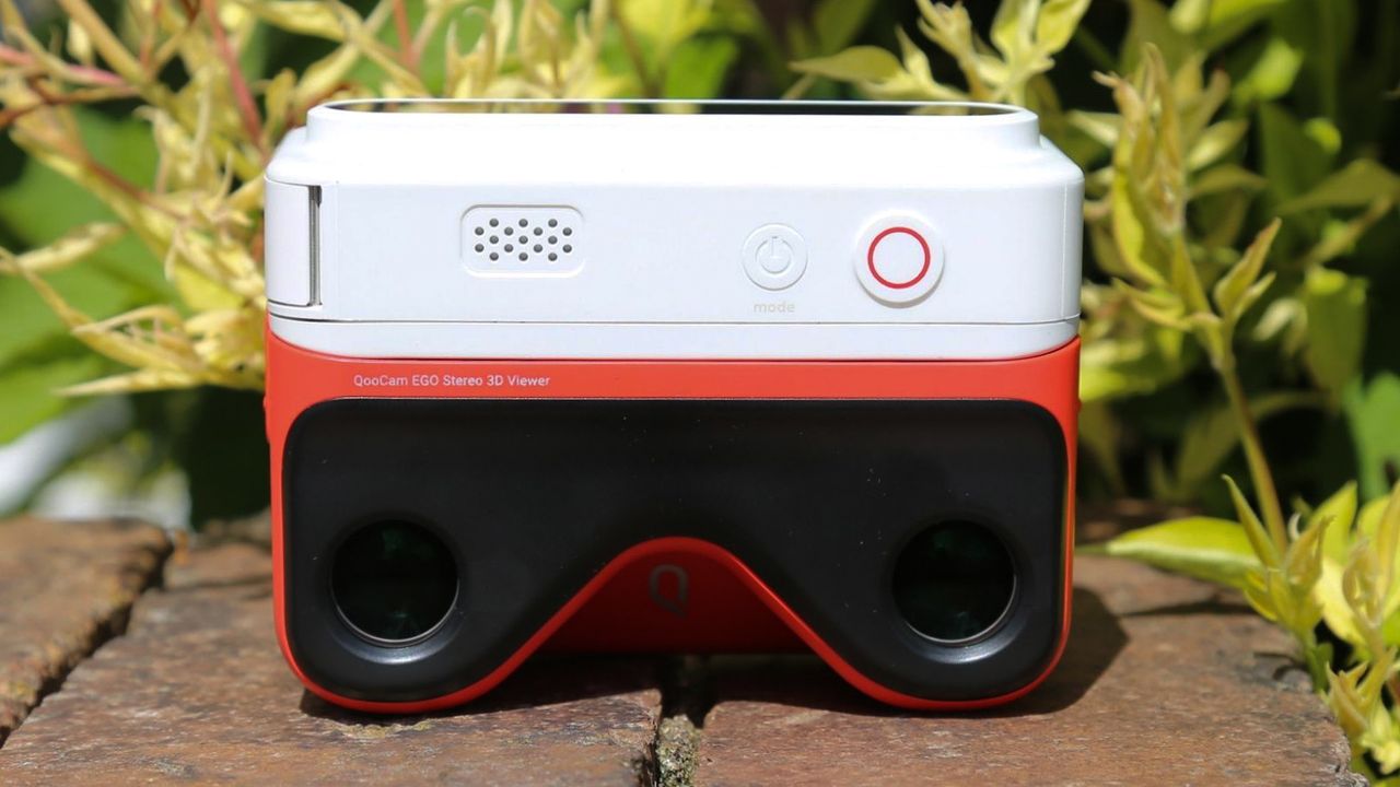 The Kandao Qoocam Ego 3D camera sitting on a brick wall