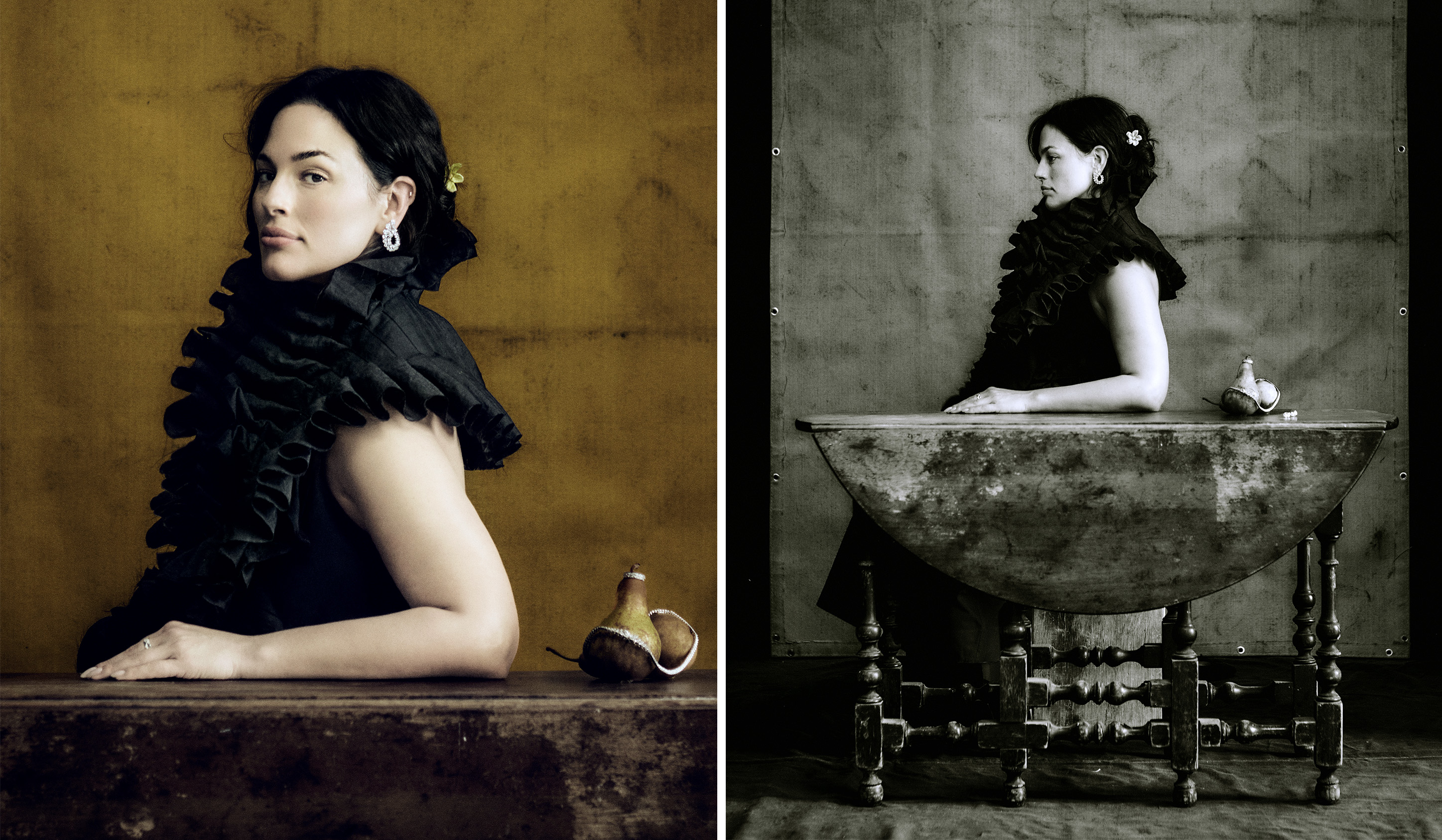 Ashley Graham poses in a split image as she rests her arm on a vintage looking table and she looks over her shoulder and straight ahead wearing a black ruffled blouse