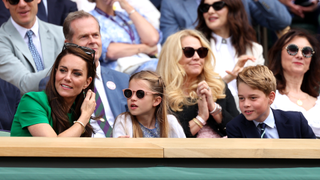 Catherine, Princess of Wales, Princess Charlotte of Wales and Prince George of Wales are seen in the Royal Box during the Men's Singles Final between Novak Djokovic of Serbia and Carlos Alcaraz of Spain on day fourteen of The Championships Wimbledon 2023 at All England Lawn Tennis and Croquet Club on July 16, 2023 in London, England