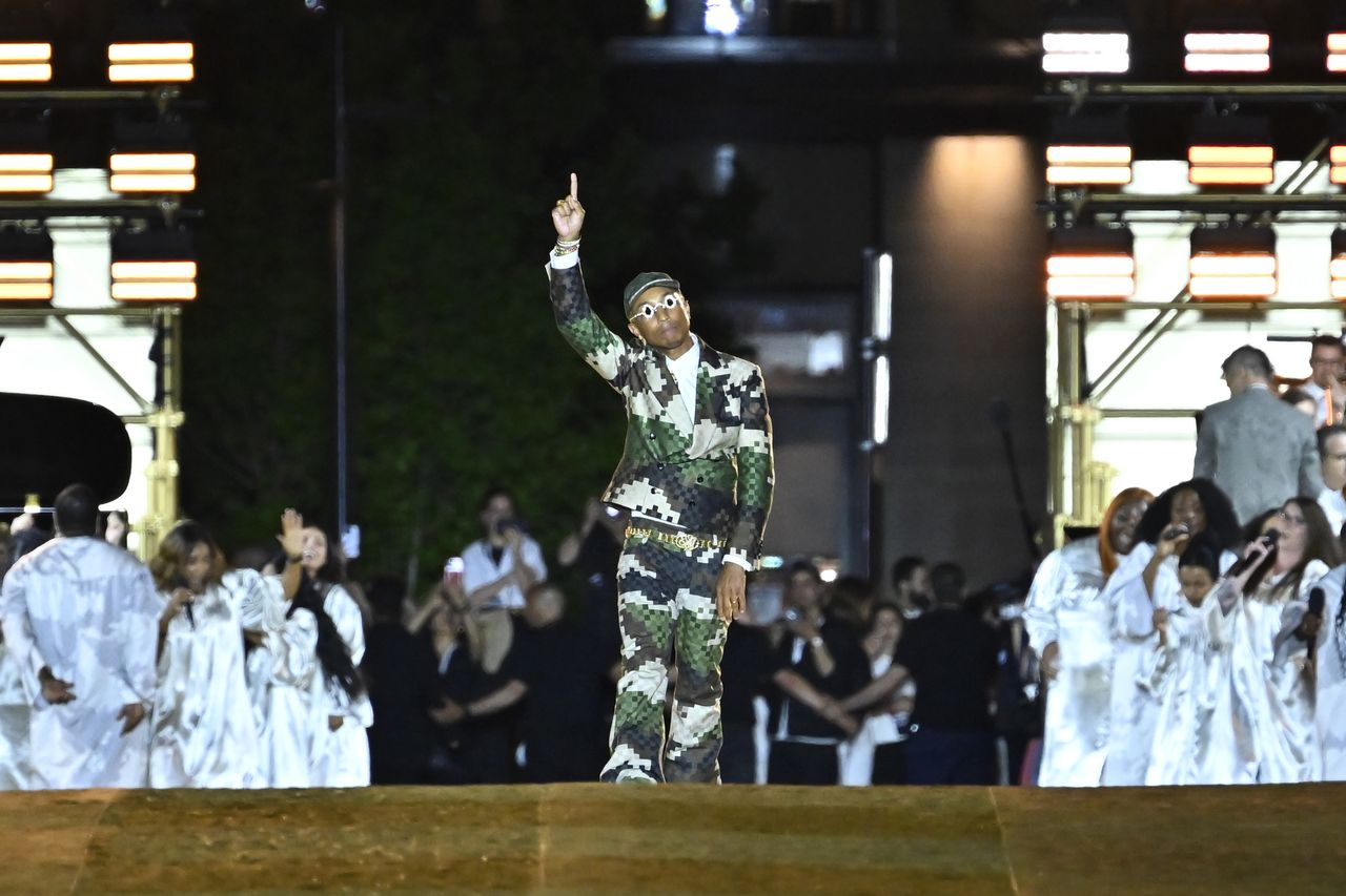 Pharrell Williams Louis Vuitton catwalk bow, as part of our celebrity shapeshifters story