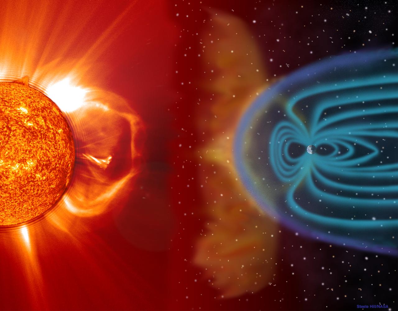 An illustration of Earth and the sun. Blue magnetic field lines surround Earth while orange plasma blasts off of the sun.