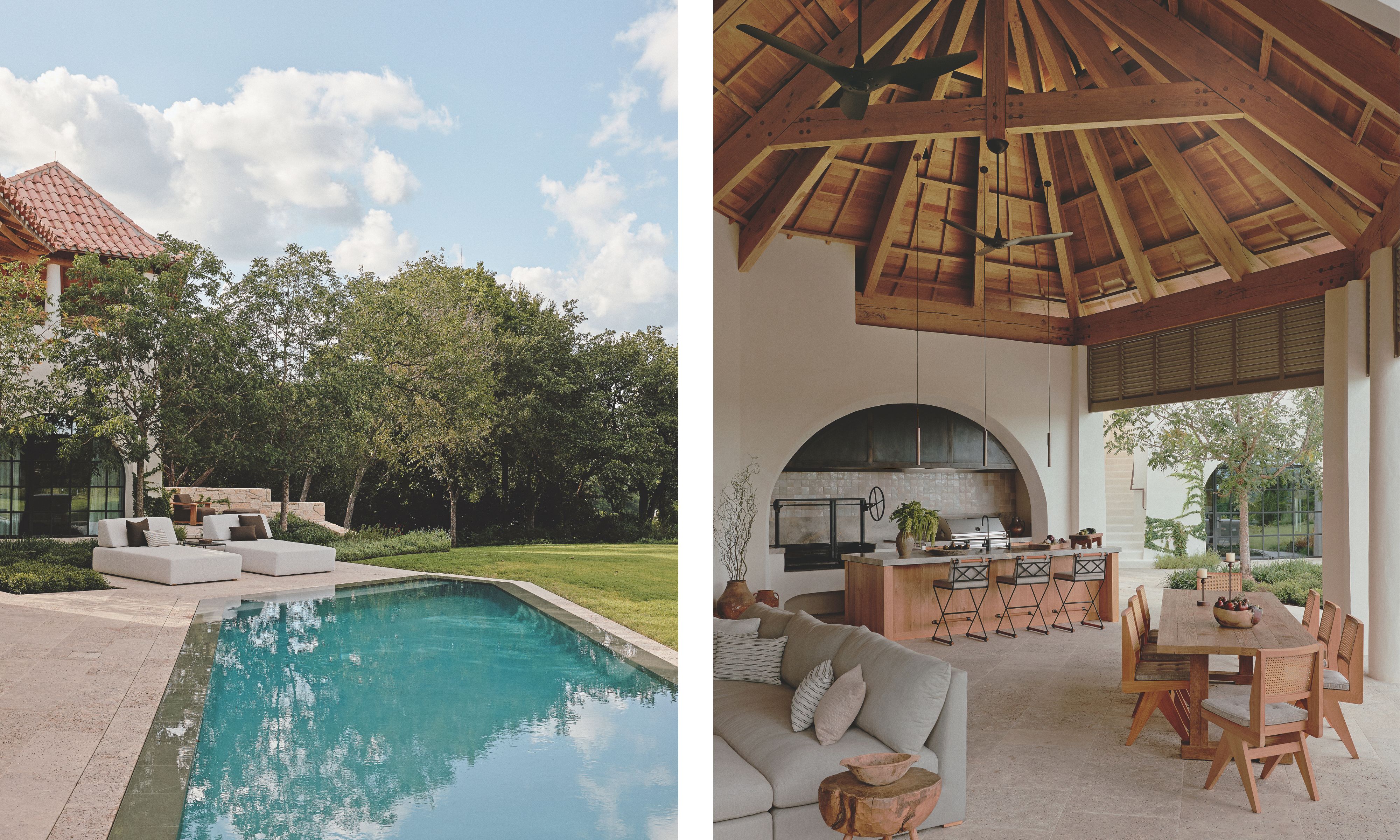 Left image: a swimming pool with a lawn on the right and a patio with loungers on the left. Right image: an outdoor living space with a wooden roof, kitchen, living space and a dining area