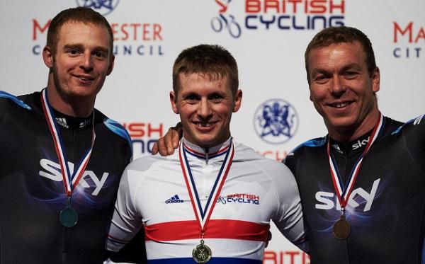 The men's sprint podium: Matt Crampton, Jason Kenny and Chris Hoy