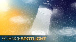 An illustration of a flashlight shining a light on different types of particles with a background of galaxies in outer space