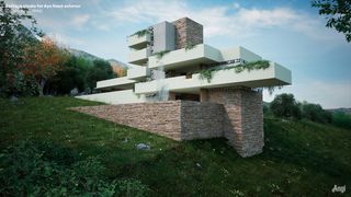3D Rendering of a modern cottage on a green hillside by Frank Lloyd Wright