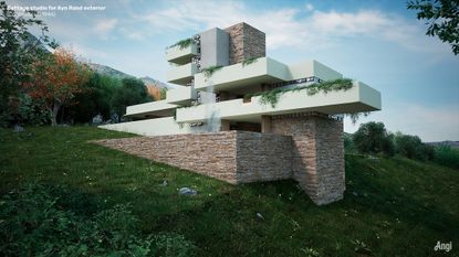 3D Rendering of a modern cottage on a green hillside by Frank Lloyd Wright