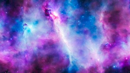 Purple and blue Nebula in outer space, galaxy and stars, 3d render.