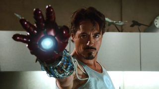 Robert Downey Jr. wearing Iron Man gauntlet