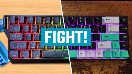 Two gaming keyboards separated by "fight" text