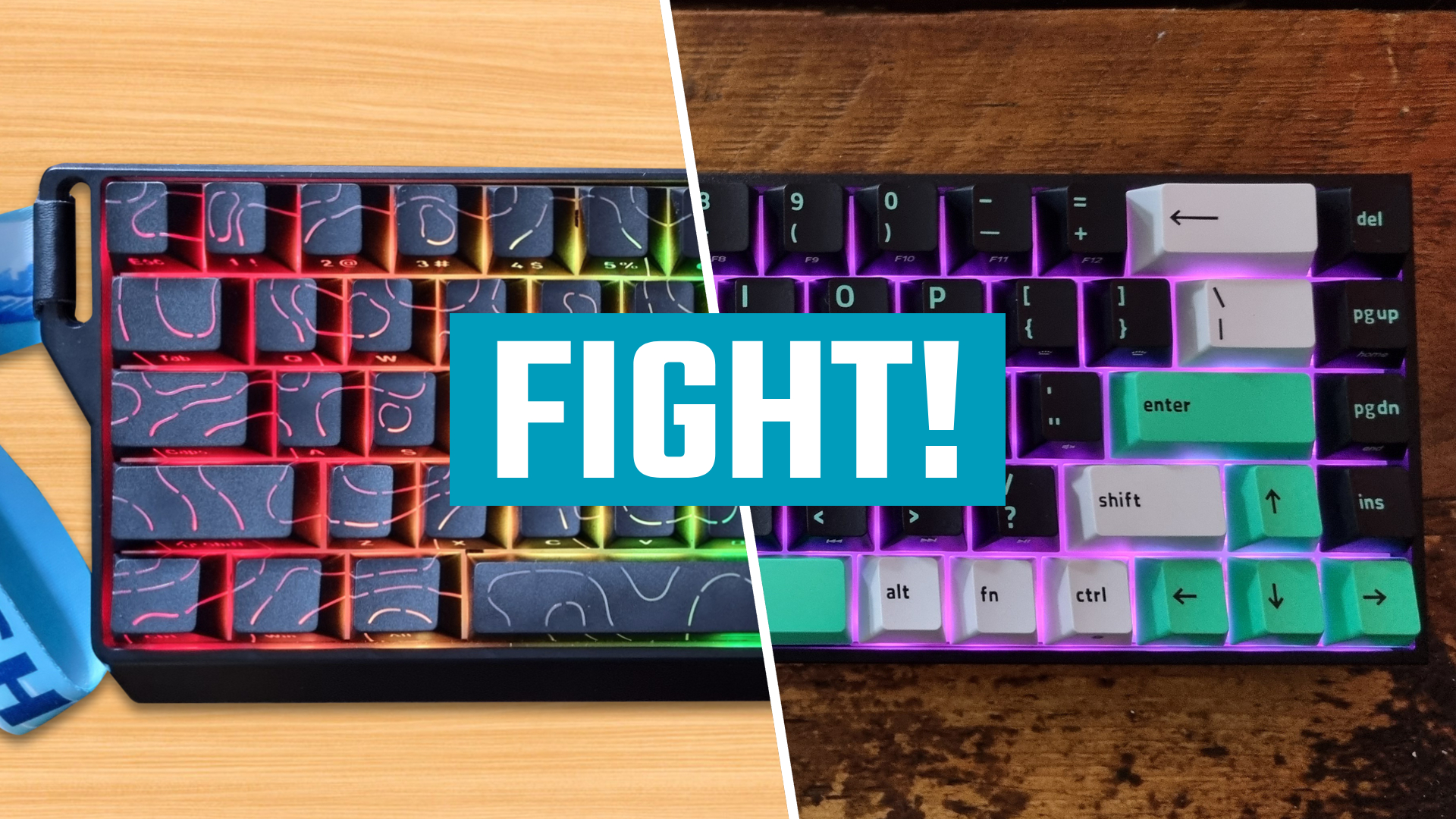 Two gaming keyboards separated by "fight" text
