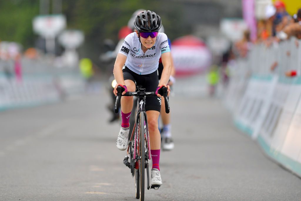 PRATO NEVOSO ITALY JULY 03 Niamh FisherBlack of New Zealand and Team SD Worx White Best Young Rider Jersey at arrival during the 32nd Giro dItalia Internazionale Femminile 2021 Stage 2 a 1001km stage from Boves to Prato Nevoso Colle del Prel 1607m GiroDonne UCIWWT on July 03 2021 in Prato Nevoso Italy Photo by Luc ClaessenGetty Images