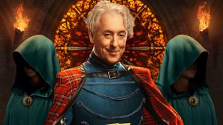 Alan Cumming flanked by Traitors on a promotional poster for the series. 