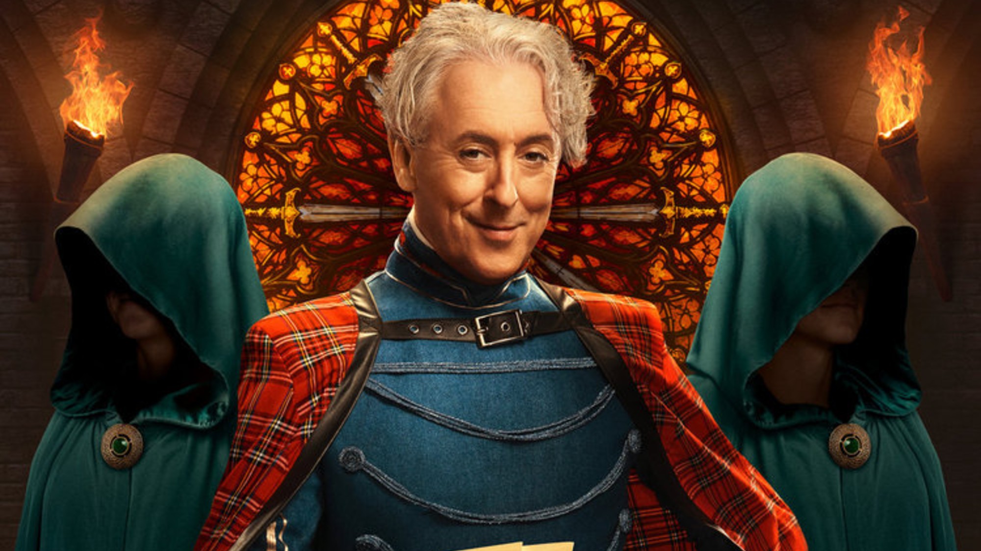 Alan Cumming flanked by Traitors on a promotional poster for the series. 
