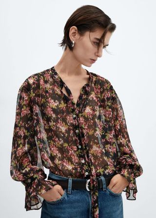 Semi-Transparent Floral Blouse With Long Sleeves