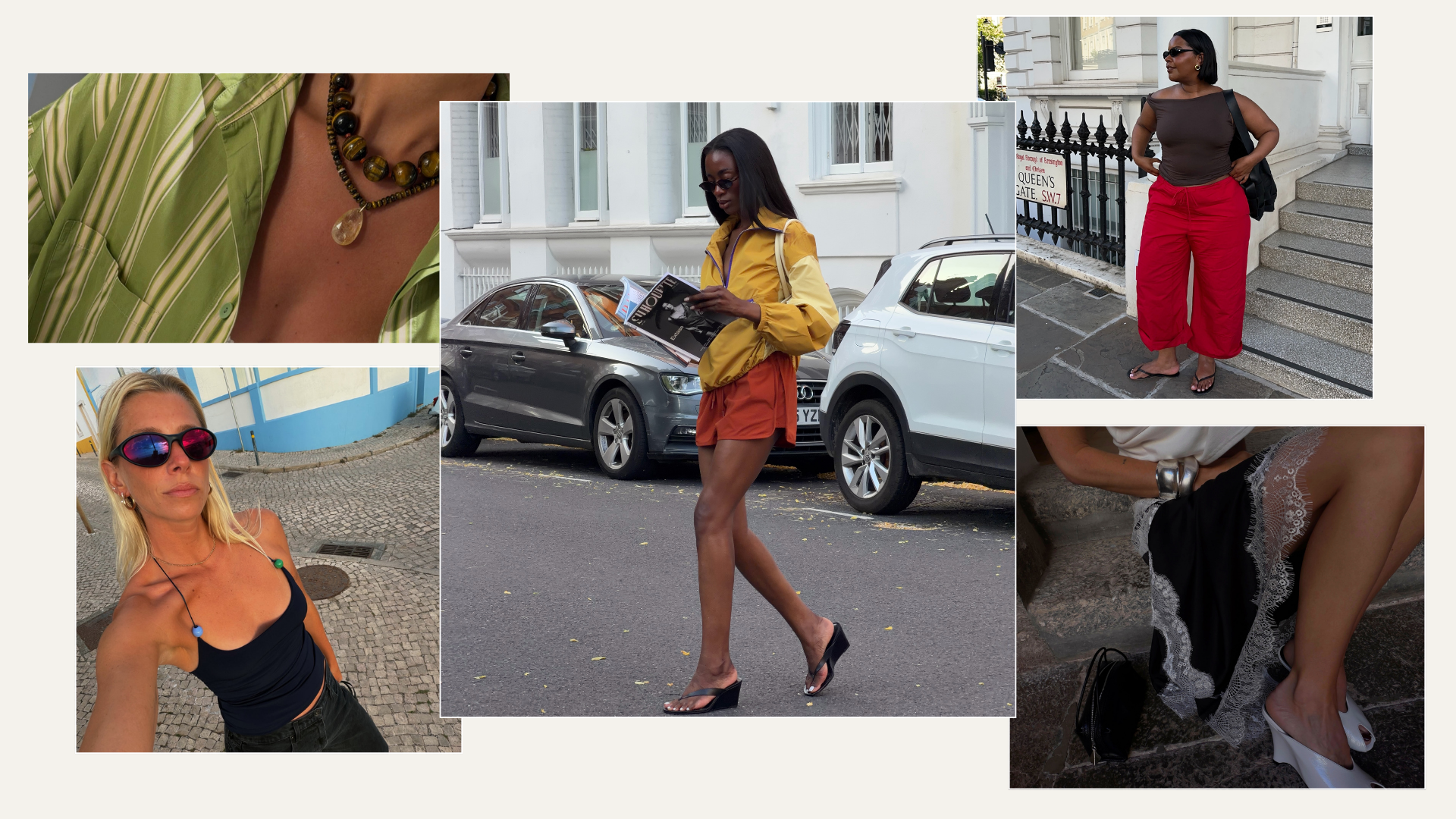 Lindsey Holland wears sport-mode sunglasses, Liv Madeline wears heeled flip-flops, Bettina Looney wears beaded necklaces, Karina wears red trousers and Hannah Lewis wears a lace-trimmed skirt.
