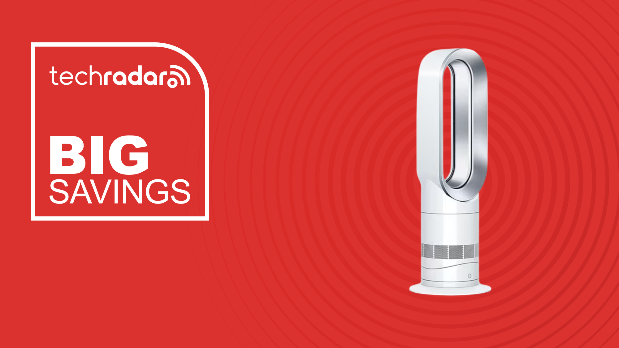 Dyson AM09 on a red background next to a label reading 'Big Savings'