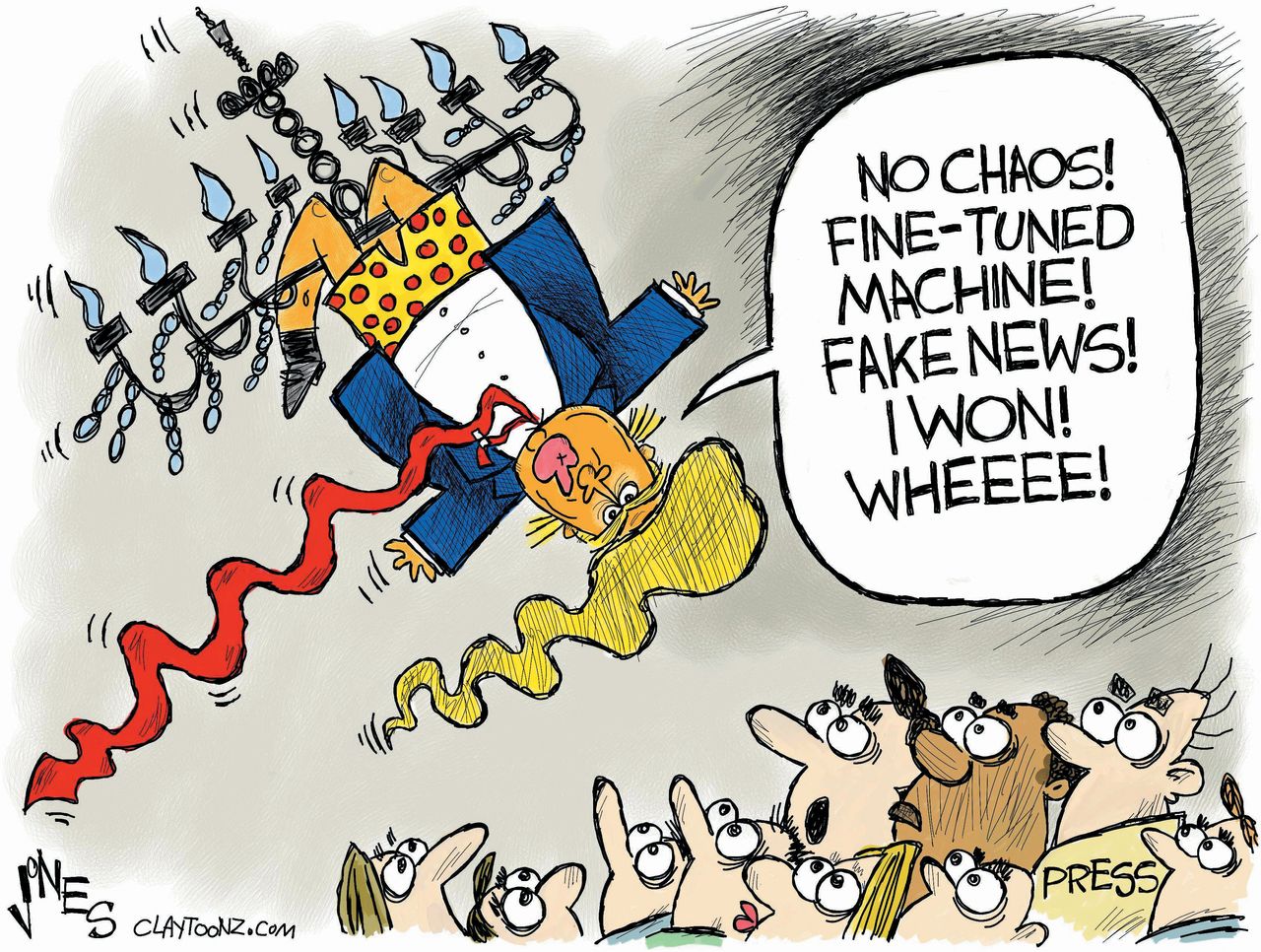 Political Cartoon U.S. Donald Trump White House chaos fake news