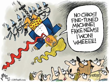 Political Cartoon U.S. Donald Trump White House chaos fake news