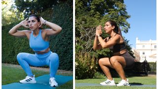 Rachael Sacerdoti demonstrating how to do a squat with two different hand placements outdoors on grass with yoga mat