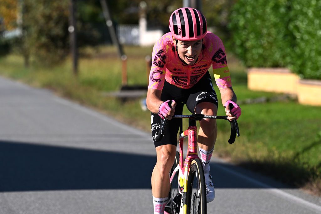 BORGOMANERO ITALY OCTOBER 10 Neilson Powless of The United States and Team EF Education EasyPost competes in the breakaway during the 108th Gran Piemonte 2024 a 182km one day race from Valdengo to Borgomanero on October 10 2024 in Borgomanero Italy Photo by Tim de WaeleGetty Images