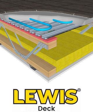 A diagram showing a cross section of a suspended floor using the Lewis Deck system, by CDI Innovative Construction Materials. Sitting on the Lewis Deck system is underfloor heating.