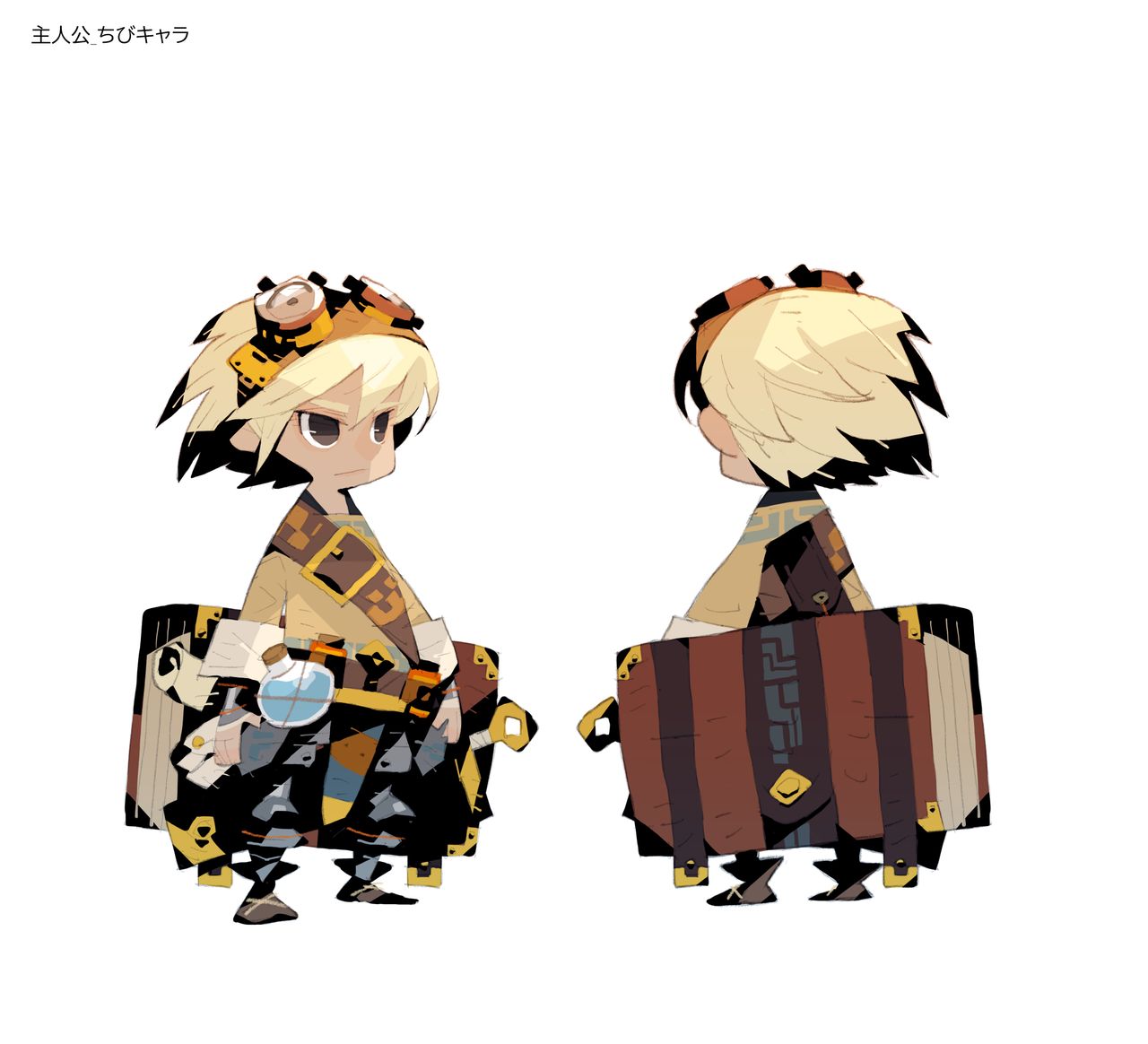 An anime character design for a retro game, a boy carrying a large book like a rucksack