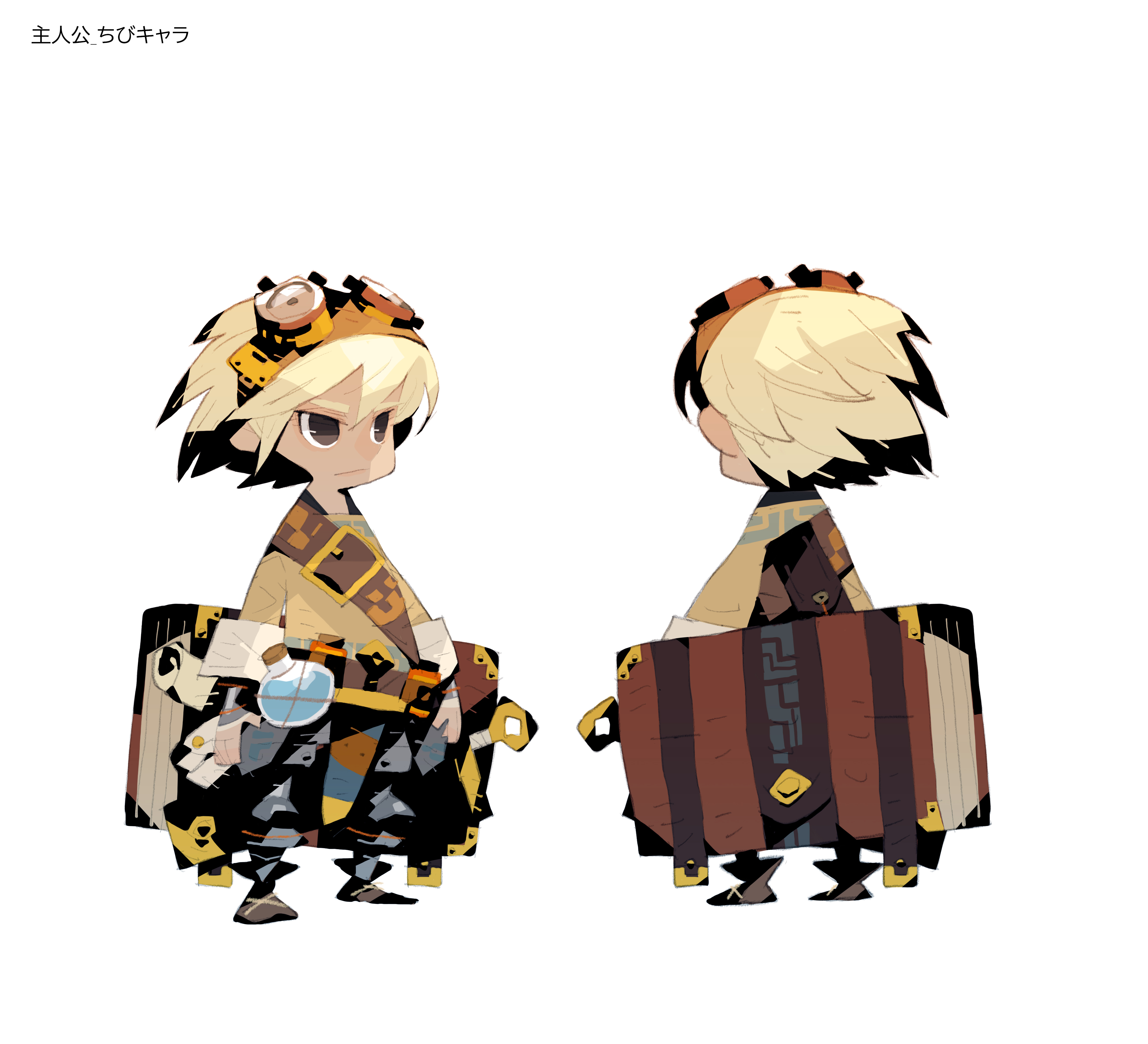 Diseño de personajes anime para un juego retro, un niño cargando un libro grande como una mochila