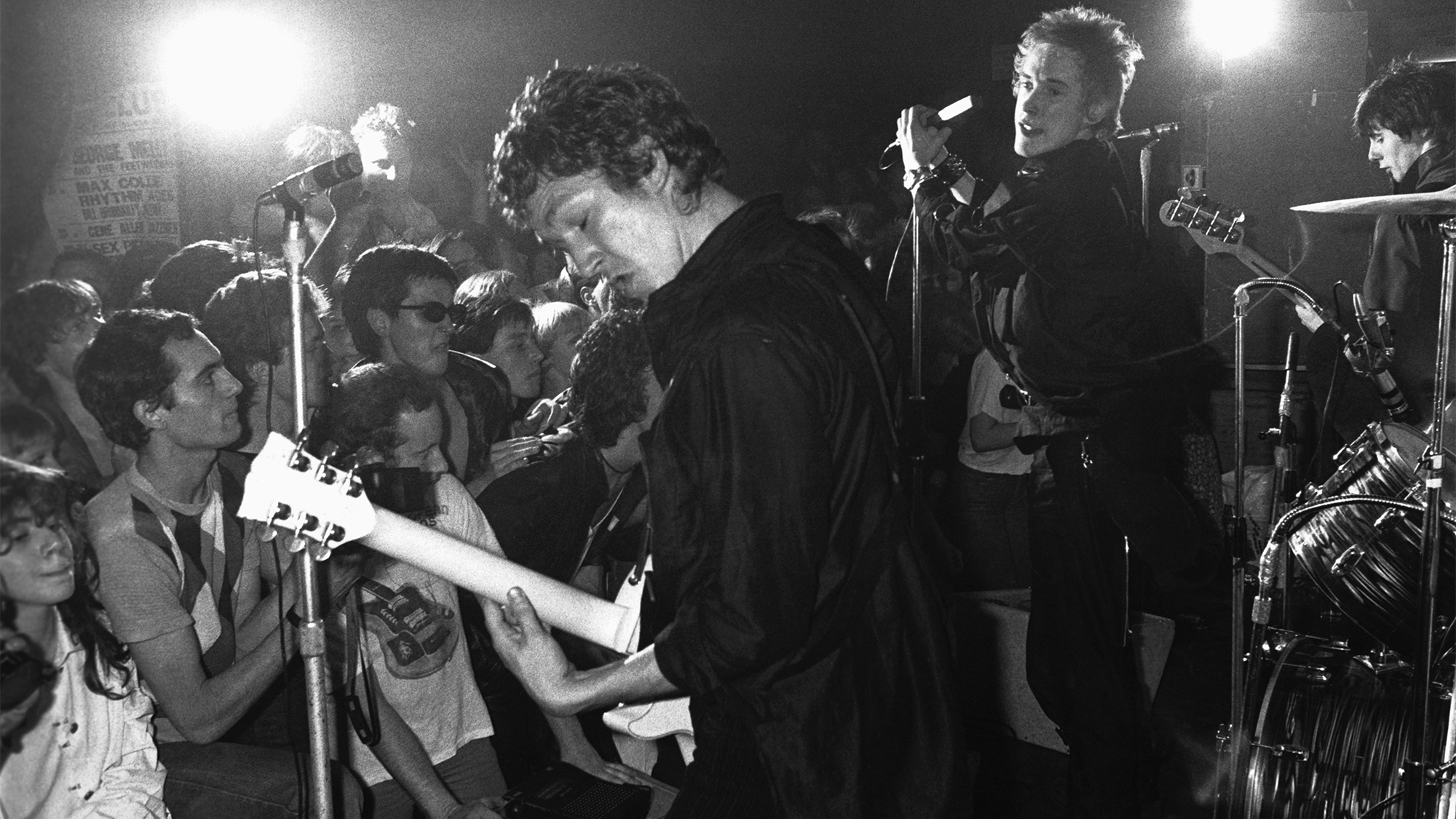 The Sex Pistols perform at the 100 Club in London. From left to right they are: Steve Jones, Johnny Rotten, Glen Matlock.