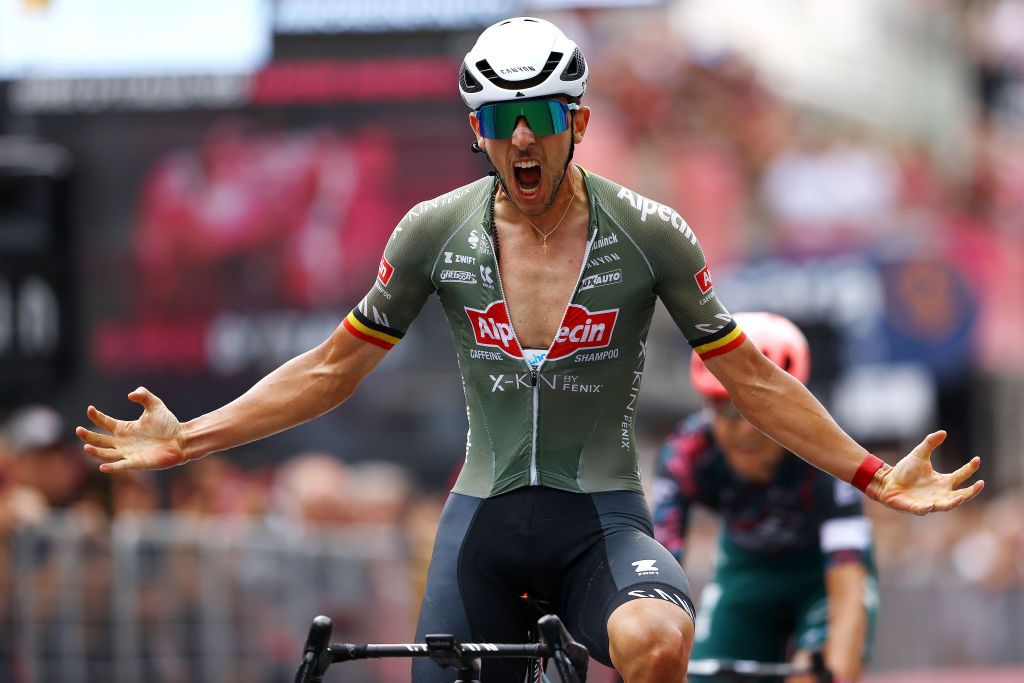TREVISO ITALY MAY 26 Dries De Bondt of Belgium and Team Alpecin Fenix celebrates winning during the 105th Giro dItalia 2022 Stage 18 a 156km stage from Borgo Valsugana to Treviso Giro WorldTour on May 26 2022 in Treviso Italy Photo by Michael SteeleGetty Images