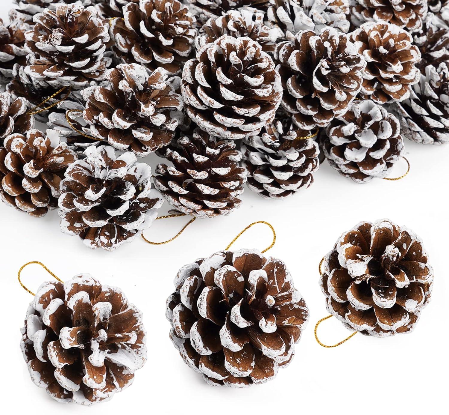 50pcs Christmas Pine Cones for Decoration, Natural Pinecones Ornament Snow Pine Cone With String for Gift Diy Crafts Home Xmas Tree Wreath Dried Garland Holiday Winter Decoration (4-6 Cm)
