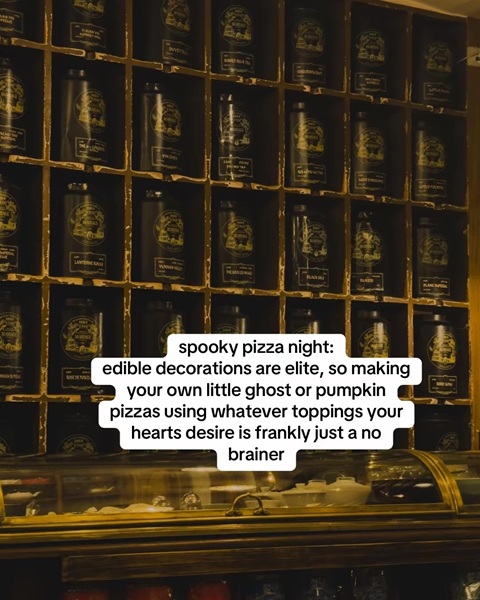 A gothic shelf display with text about hosting a spooky pizza making night.
