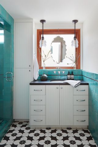 A bathroom with blue tiles