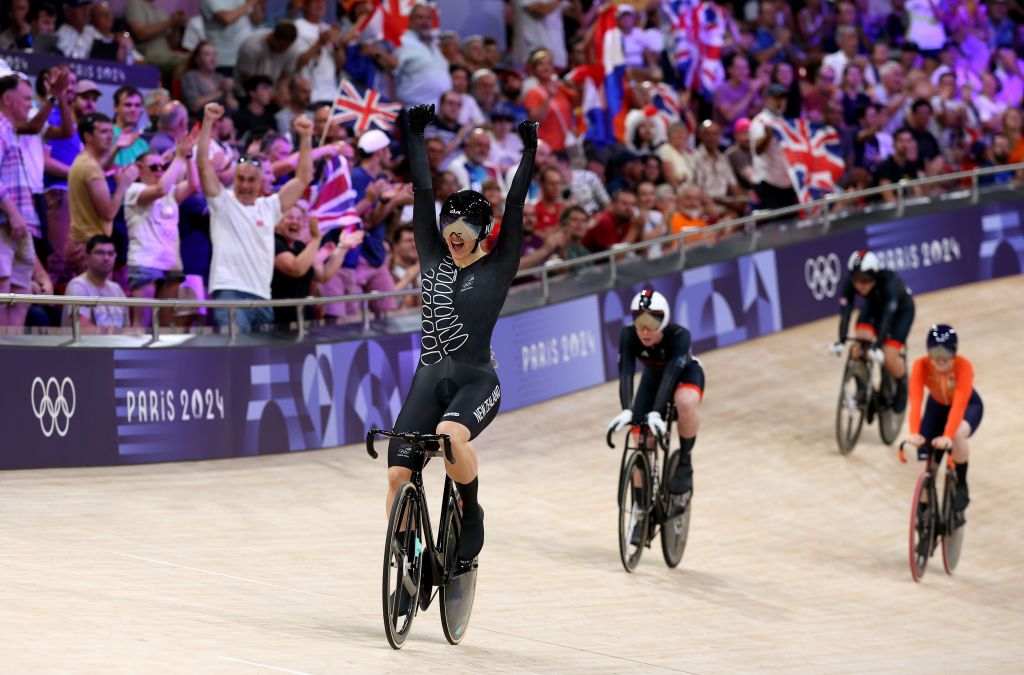 PARIS FRANCE AUGUST 08 Gold medalist Ellesse Andrews of Team New Zealand celebrates after the Womens Keirin Final on day thirteen of the Olympic Games Paris 2024 at SaintQuentinenYvelines Velodrome on August 08 2024 in Paris France Photo by Alex BroadwayGetty Images
