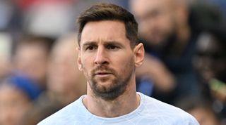 Close-up shot of PSG forward Lionel Messi warming up before the Ligue 1 match between PSG and Auxerre on 13 November, 2022 at the Parc des Princes, Paris, France