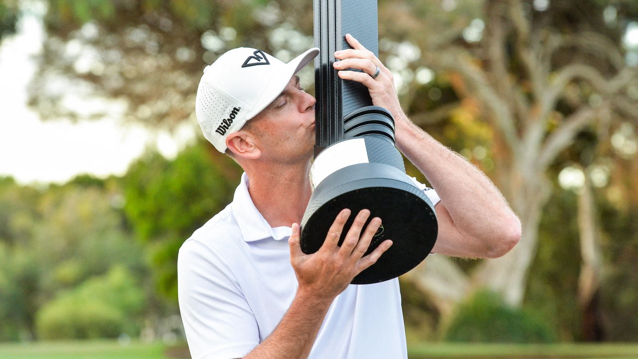 Brendan Steele holds the LIV Golf Adelaide trophy