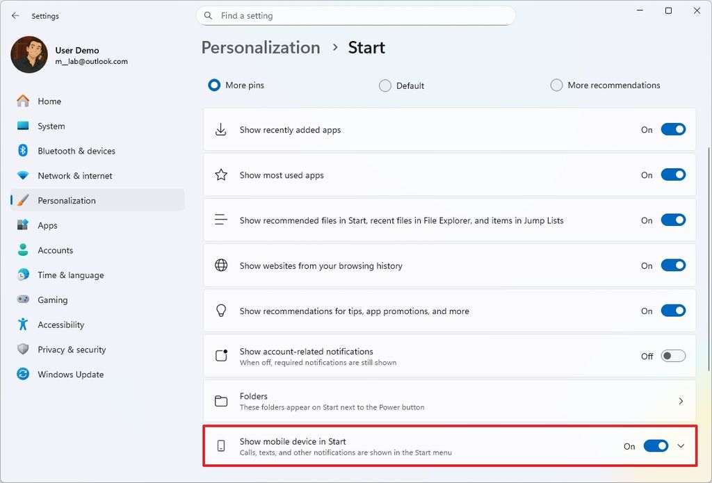 Show mobile device in Start