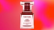 A bottle of Tom Ford Lost Cherry on a pink, orange and red gradient template