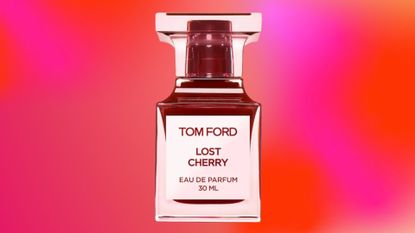 A bottle of Tom Ford Lost Cherry on a pink, orange and red gradient template