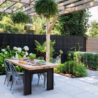 Outdoor dining area on patio, covered with a pergola