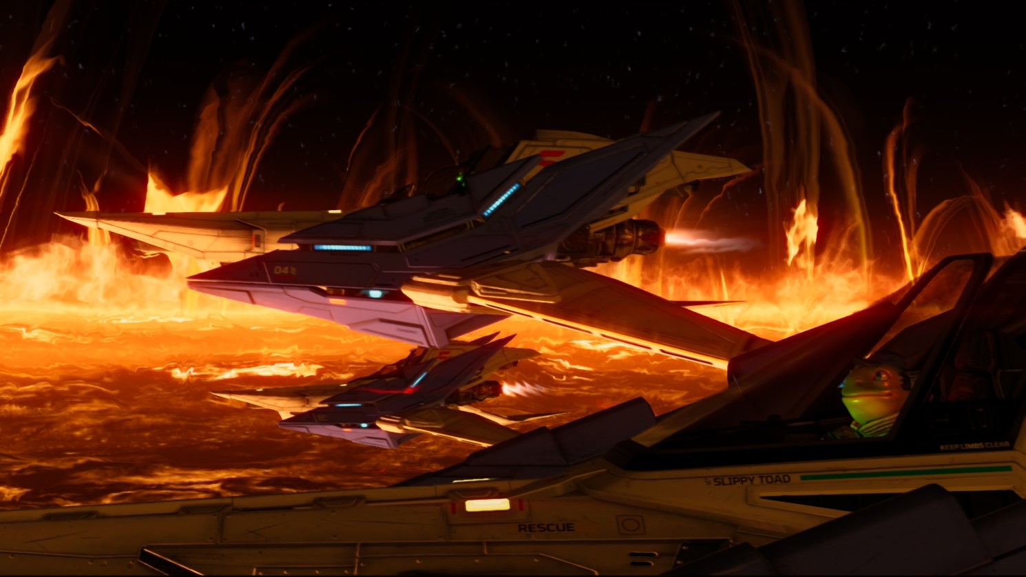 Slippy next to the other members of the Star Fox crew flying above a sea of lava