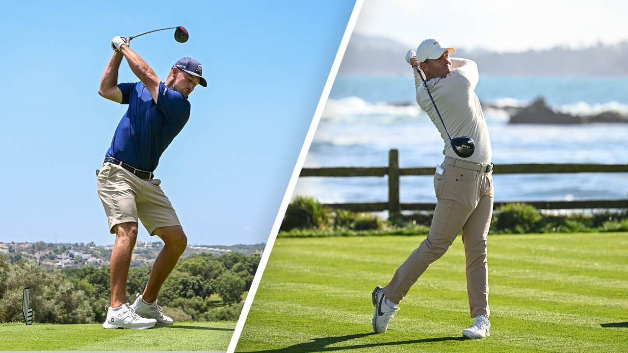 Bryson DeChambeau and Rory McIlroy hitting tee shots