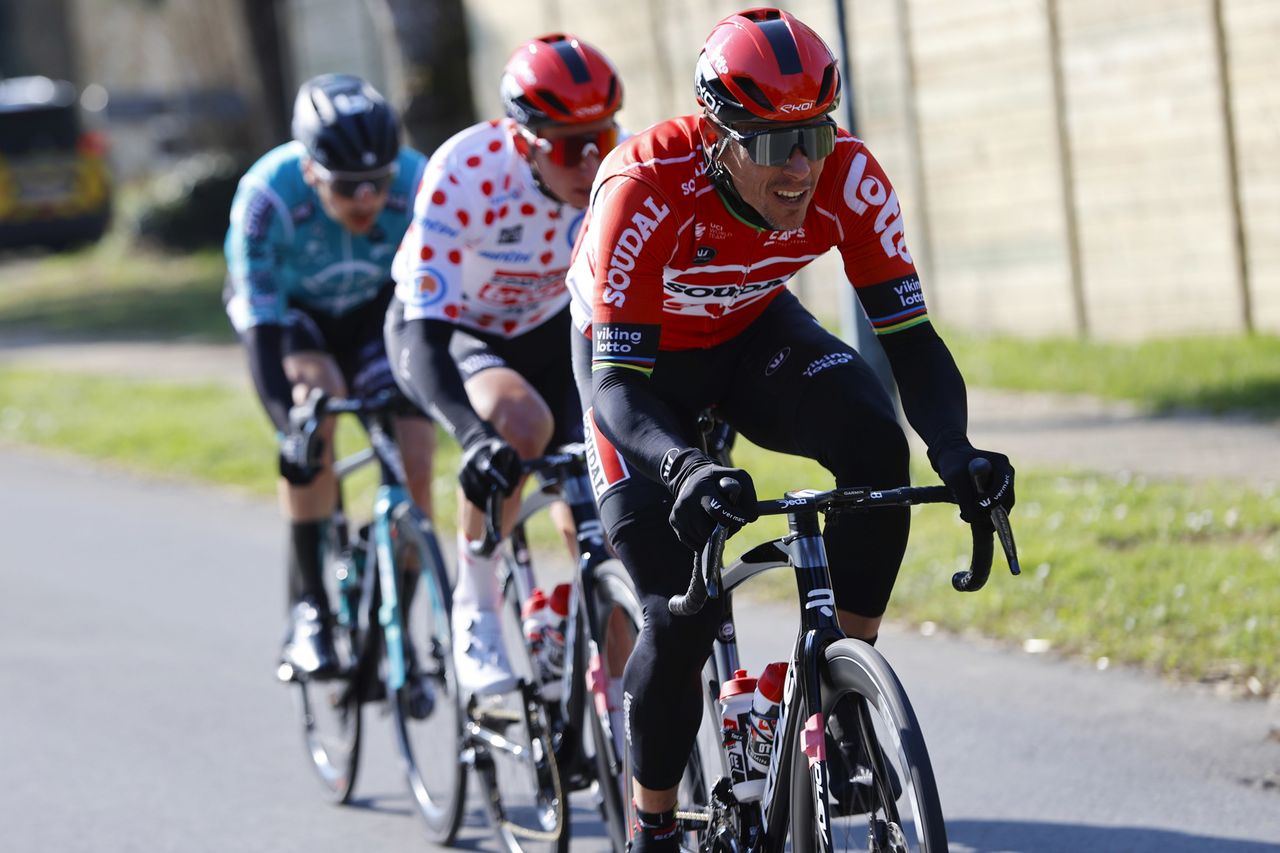 Paris Nice 2022 - 80th Edition - 2nd stage Auffargis - Orleans 159,2 km - 07/03/2022 - Philippe Gilbert (BEL - Lotto Soudal) - Matthew Holmes (GBR - Lotto Soudal) - Alexis Gougeard (FRA - B&amp;B Hotels - KTM) - photo Luis Angel Gomez/SprintCyclingAgency&Acirc;&copy;2022