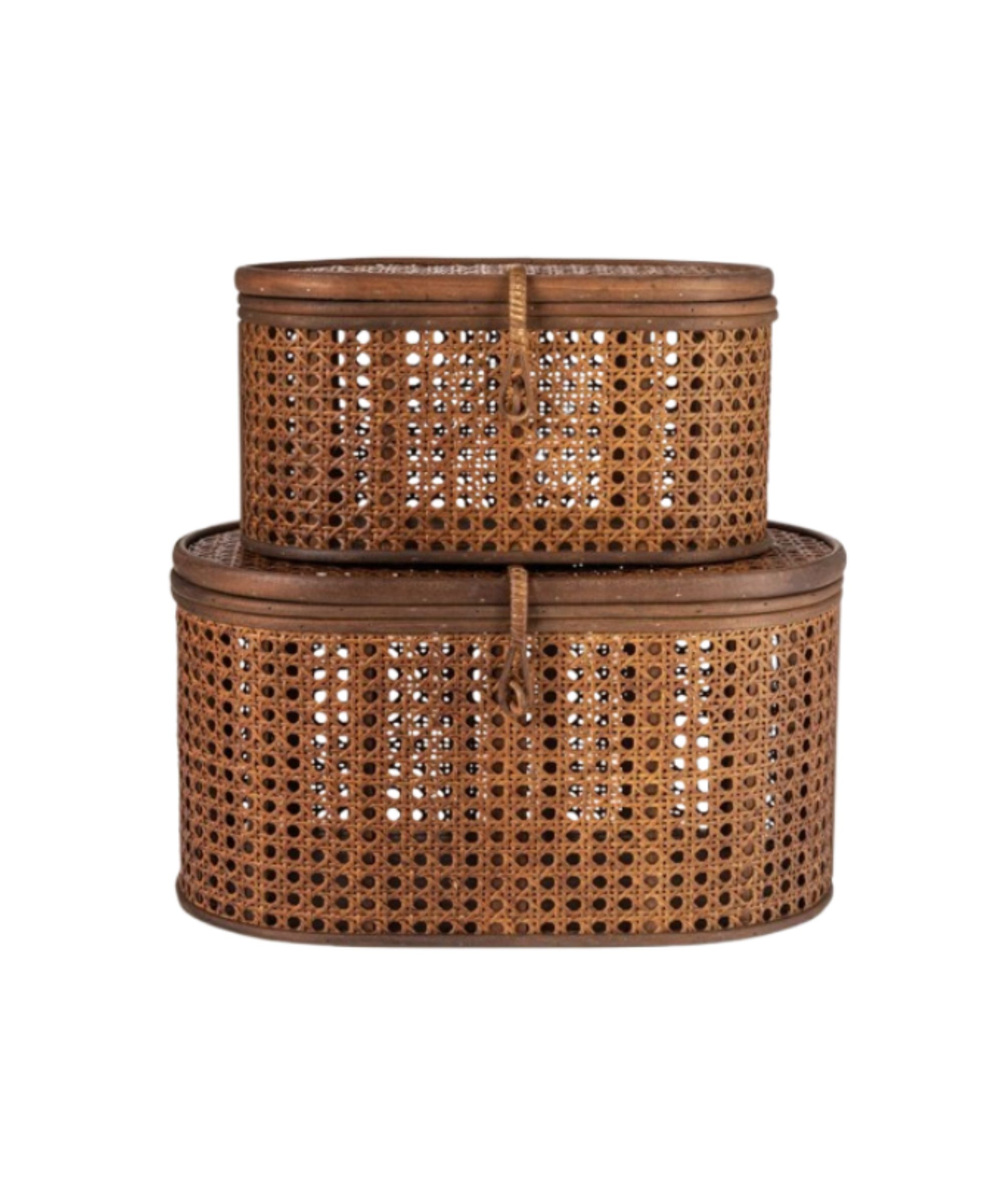 Two rounded rattan baskets
