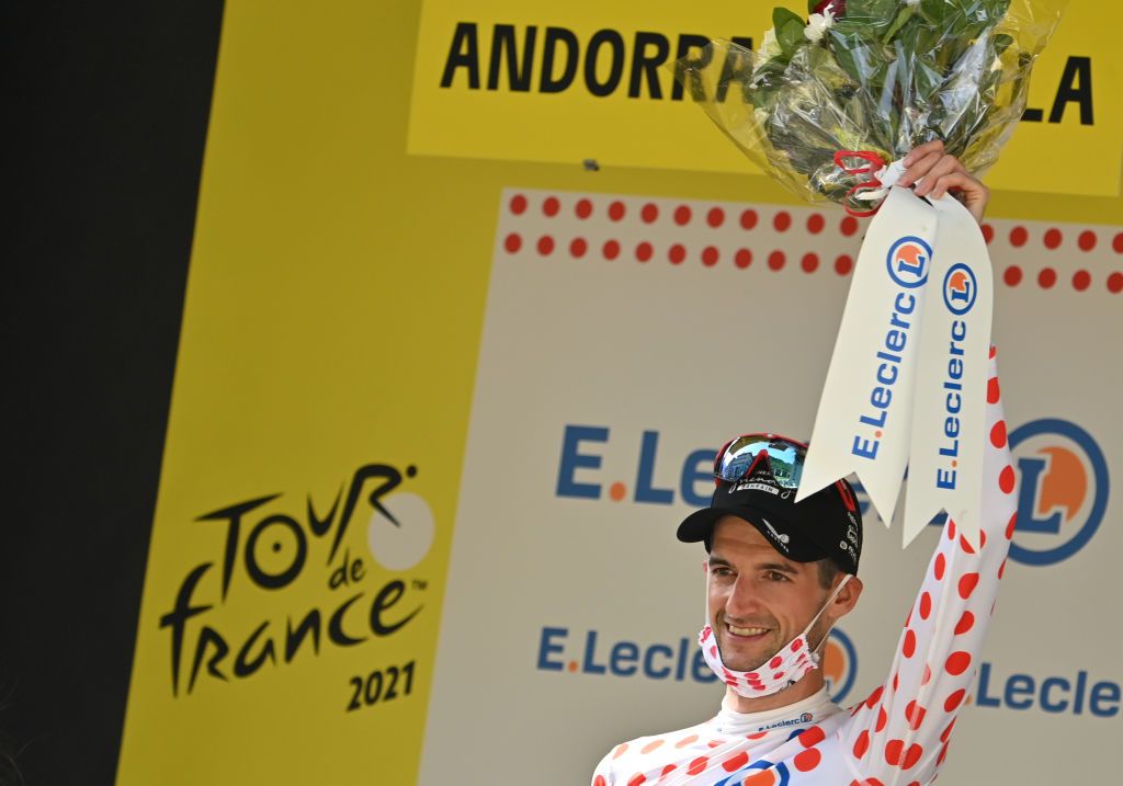 Dutch Wout Poels of Bahrain Victorious celebrates on the podium in the red polkadot jersey for best climber after stage 15 of the 108th edition of the Tour de France cycling race from Ceret to AndorrelaVieille 1913 km in Andorra Sunday 11 July 2021 This years Tour de France takes place from 26 June to 18 July 2021BELGA PHOTO PETE GODING Photo by PETE GODINGBELGA MAGAFP via Getty Images