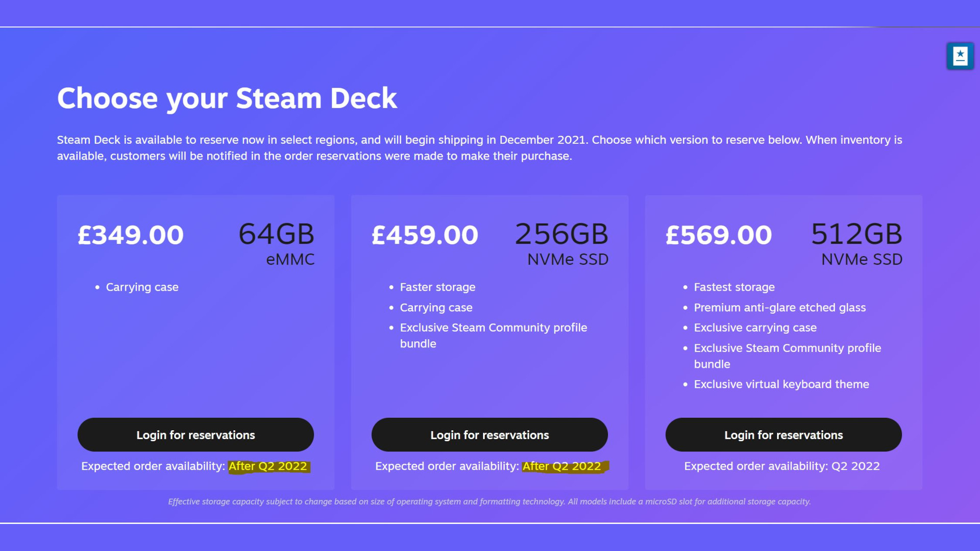 Steam Deck reservation section of website