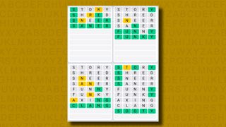 Quordle Daily Sequence answers for game 1072 on a yellow background