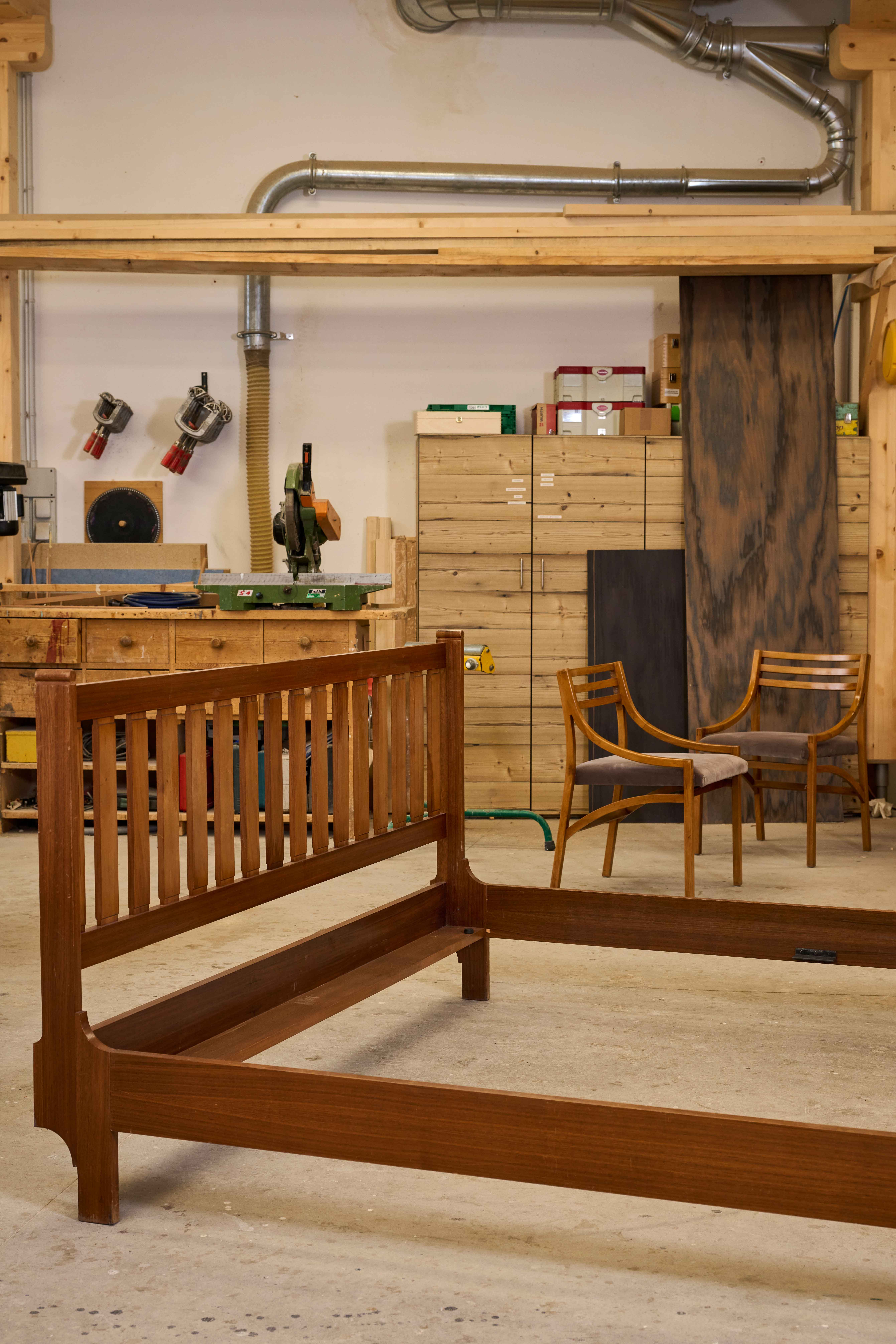 Wood working workshop of Martino Gamper with work in progress of wooden furniture pieces
